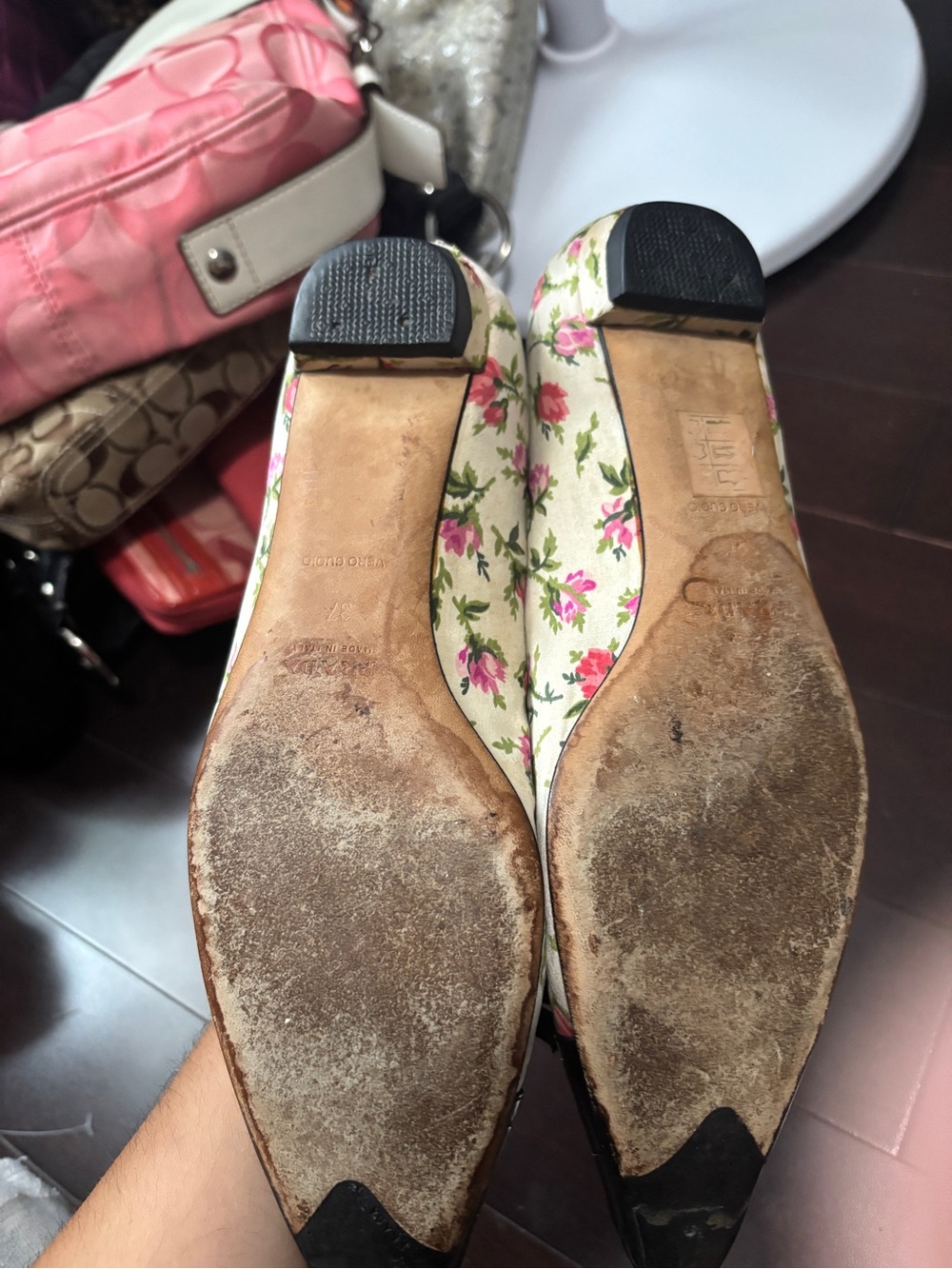 Prada Floral Canvas Pointed Toe Flats in Cream and Black with Pink Accents - Picture 5 of 6